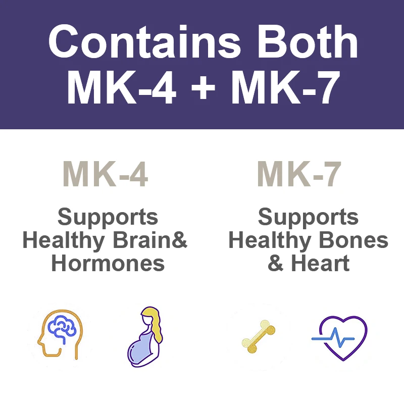 Vitamina K2 Cápsulas com MK-7 e MK-4 Saúde do Coração, Apoia a Saúde das Articulações, Ossos e Dentes, Absorção de Cálcio, Aumenta a Imunidade