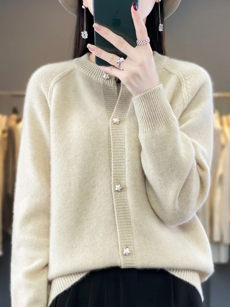 Spring New Women Cardigans 100% Merino Wool Sweater O-Neck Raglan Sleeve Thick Sloid Cashmere Knitted Coat Korean Fashion Tops