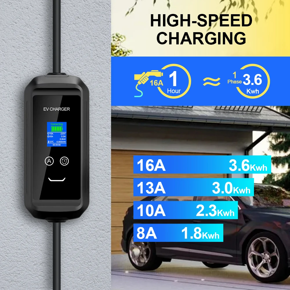 Mobile EV Charger 16A 3.6KW Type 2 APP Bluetooth Phone Control Adjust Charging Time For Eletric Vehicle Hybrid Cars Cable 5M