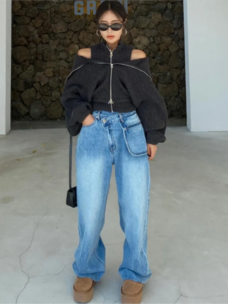 

Jeans Spring Summer Long Straight Pant Women Loose Pleated Fashion Casual Ladies Trousers High Waist Irregular Woman Pants