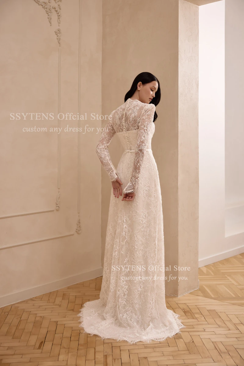 SSYTENS A-line Full Lace Wedding Dresses with Sleeves Square Collar Bride Dresses Long Bridal Gowns vestidos de novia Customized