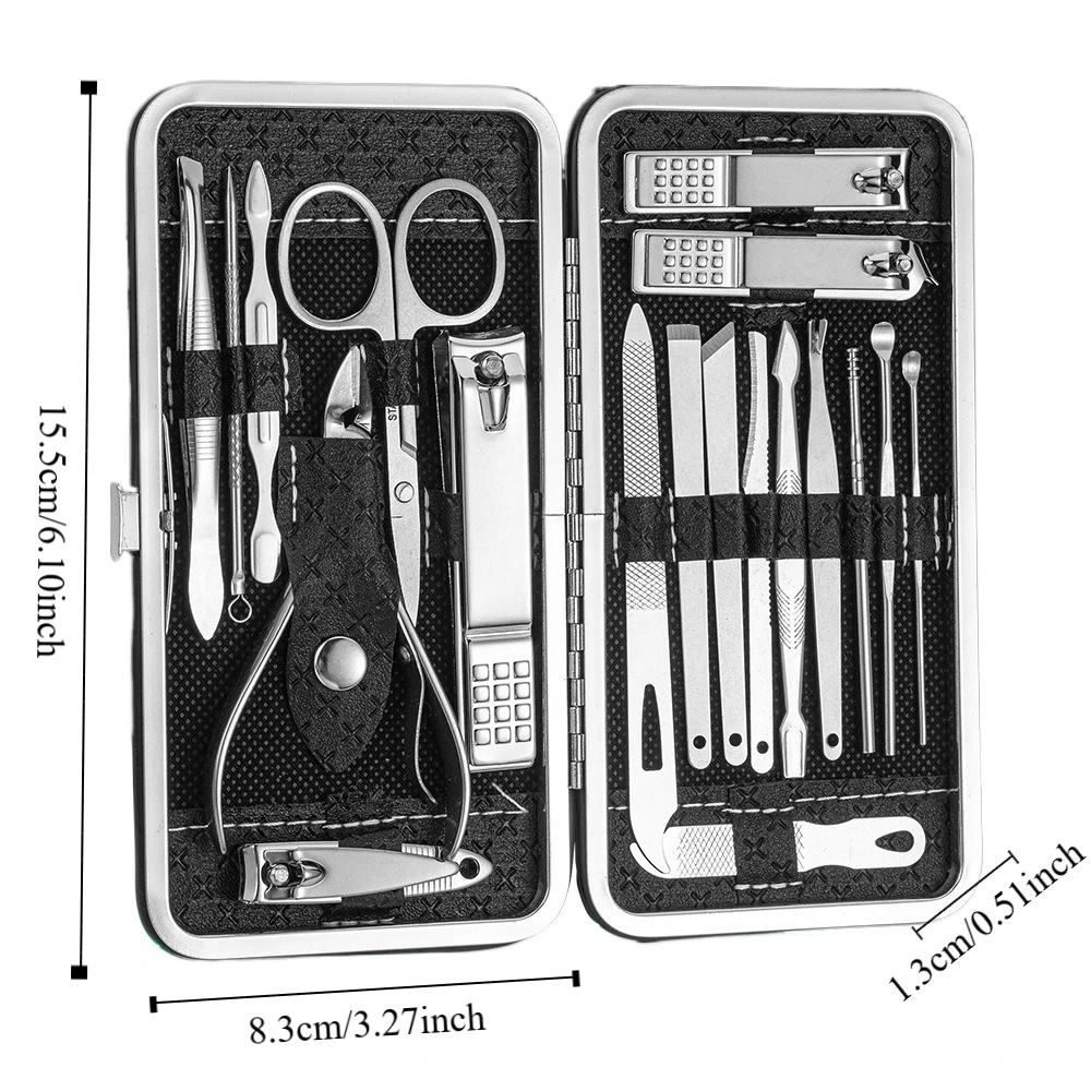 19Pcs Edelstahl Nagel Clippers Set Hause Schönheit Nagel Schleif Werkzeug Leder Hülse Fuß Trimmen Maniküre Kits Männer/frauen