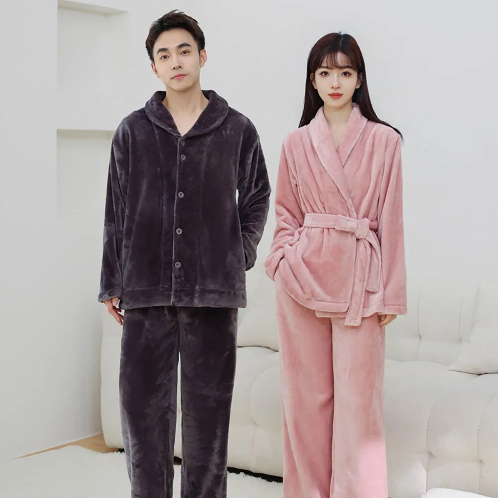 Simple Solid Flannel Home Couple Pajamas Winter Long Sleeve Trousers V-neck Coral Velvet Thick Warm Sleepwear Set For Women Men