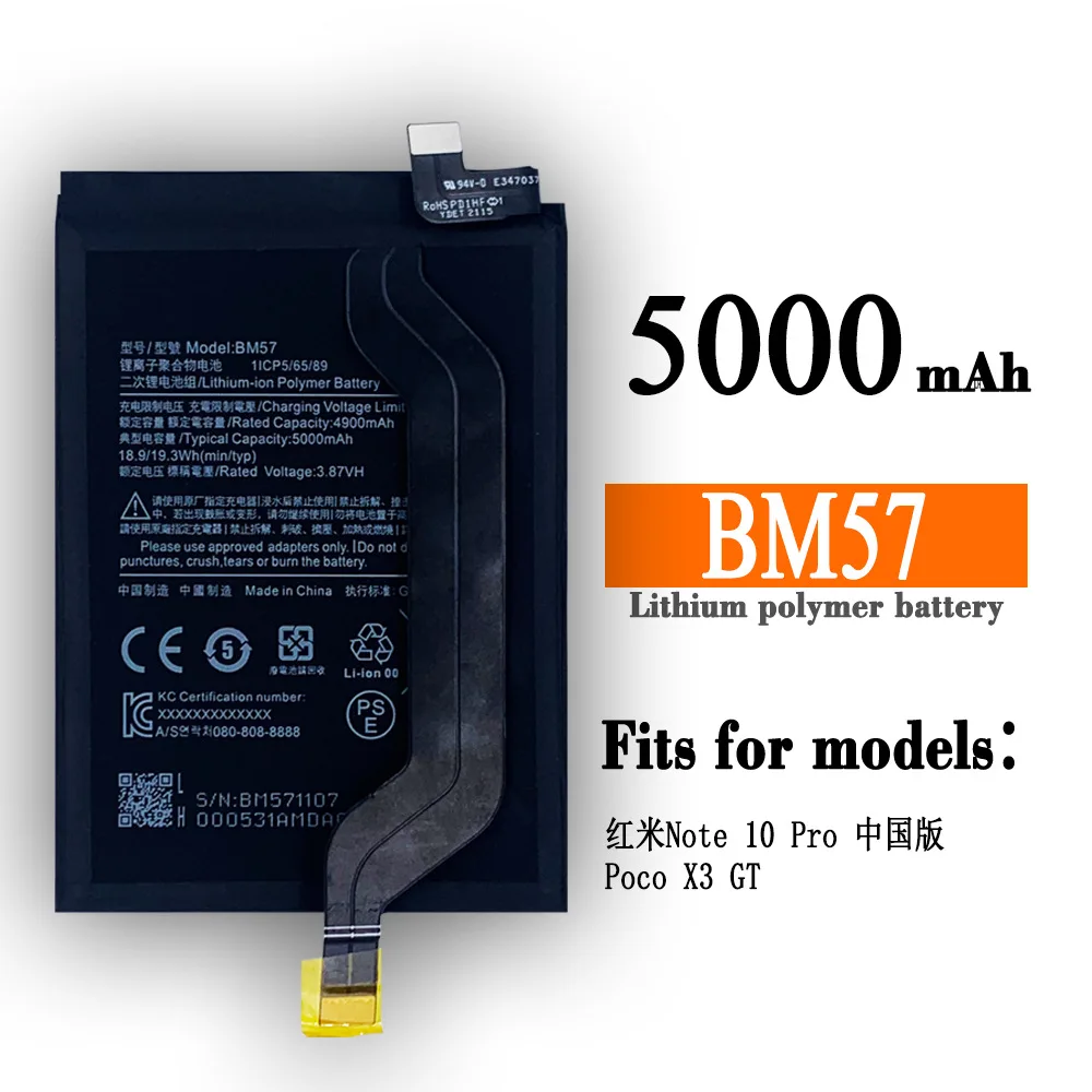 

BM57 New Replacement Battery For Xiaomi POCO X3 GT Redmi Note 10 Pro (China) High Quality 5000mAh Mobile Phone Lithium bateria