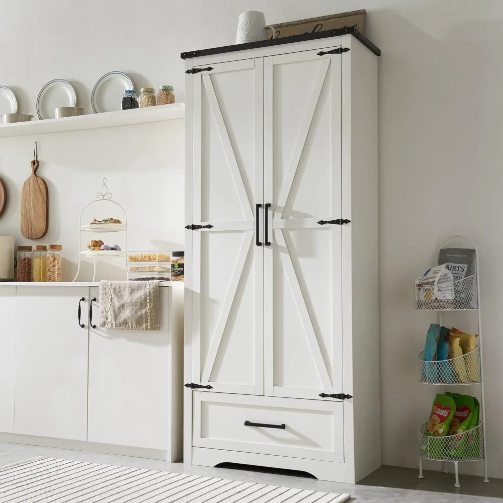 

Kitchen pantry with adjustable shelves, large wooden storage cabinet with 2 barn doors and drawers, multifunctional storage