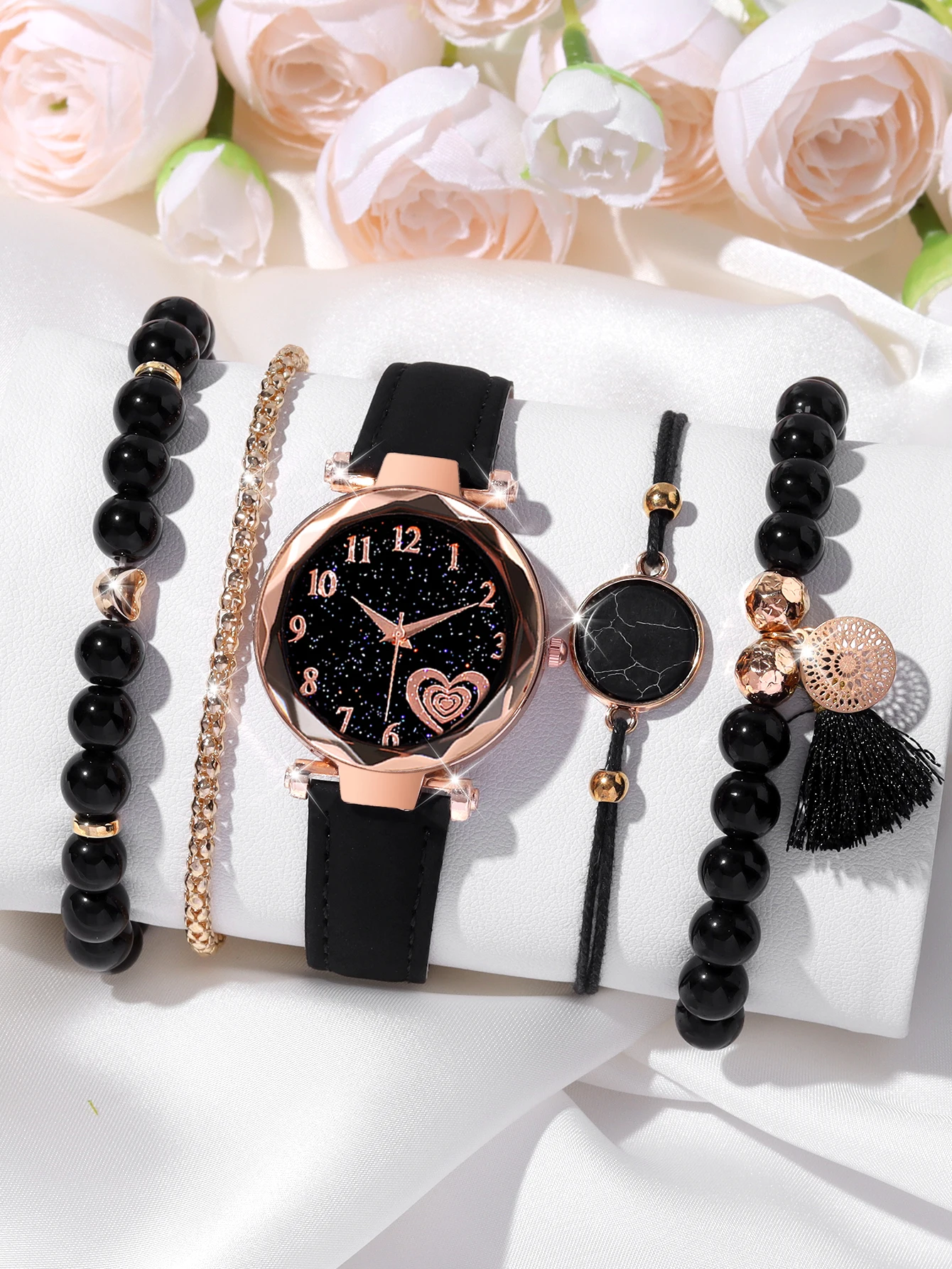 5 unidades, reloj de cuarzo con cinturón negro de cielo estrellado para mujer, juego de combinación de pulsera