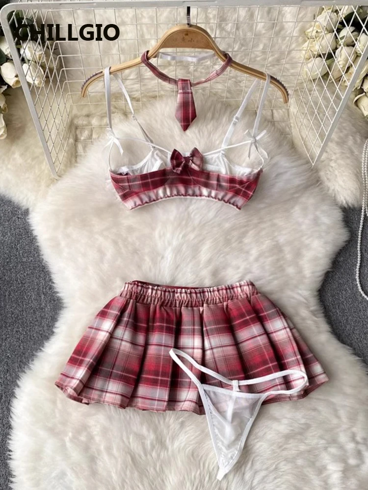 CHILLGIO Women Sexy Plaid Skirt Suits Japan Preppy Style Erotic JK Uniform Fashion A Line Pleated Skirts Pajamas Bra Brief Sets