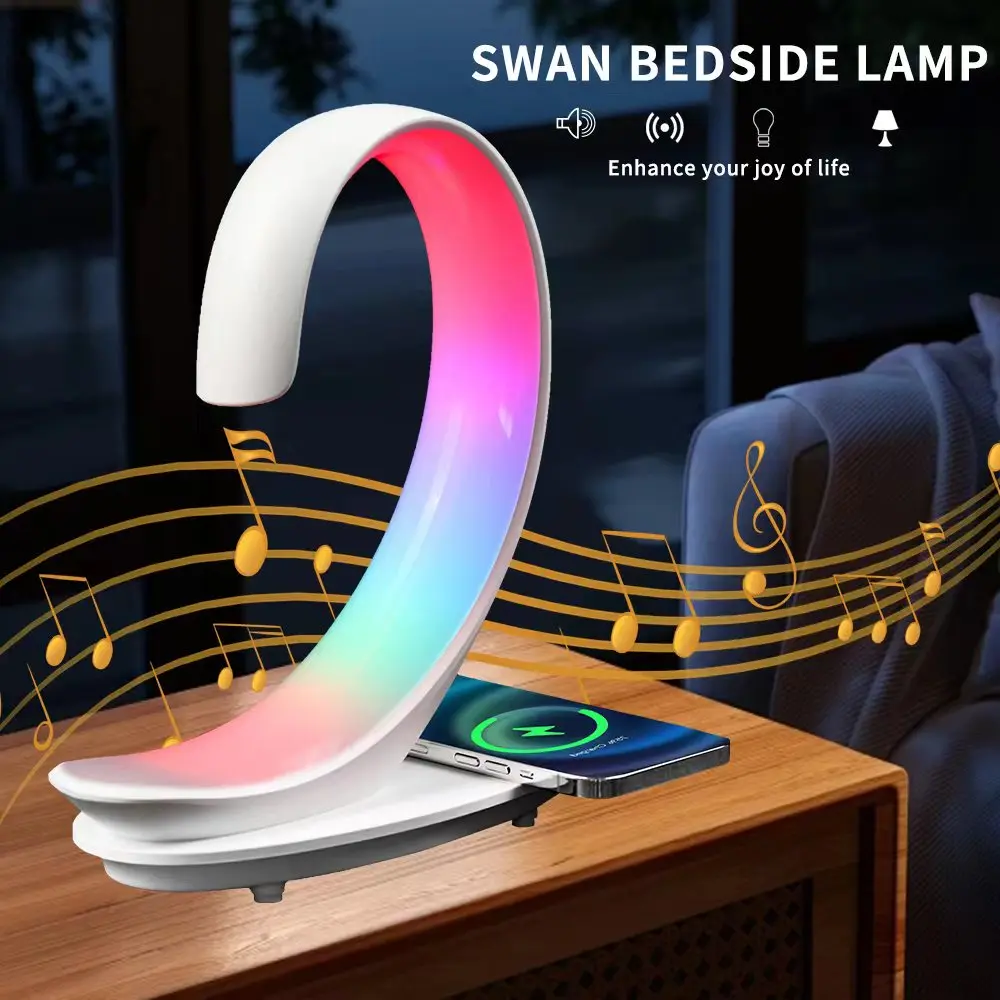 Swan Music Lamp, RGB Colorful Lights Music Rhythm Lamp Bedside Lamp Table Lamp With Wireless Charger, Speaker And Night Light