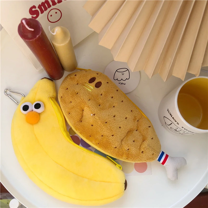 1Pcs Cartoon Chicken Leg Plush Bag Cute Big Eye Banana Pen Bag Soft Plush Cosmetic Bag Student Stationery Storage Kid Coin Purse