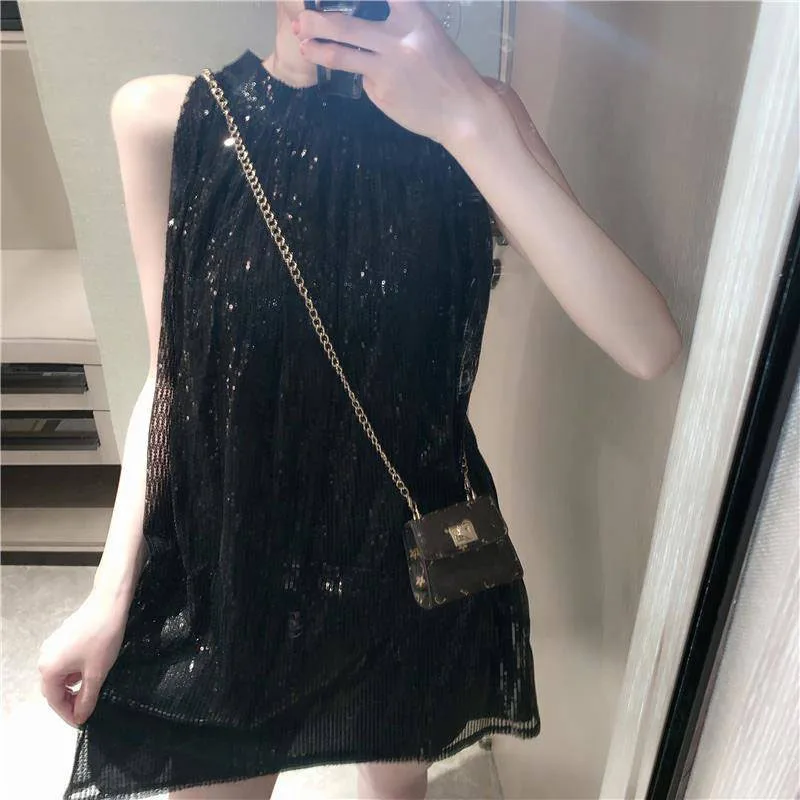 Fashion Niche Sequin Casual Dress Female Tide 2024 Summer Dress New Loose Slim Sleeveless Temperament Elegant Vest Skirt Female.