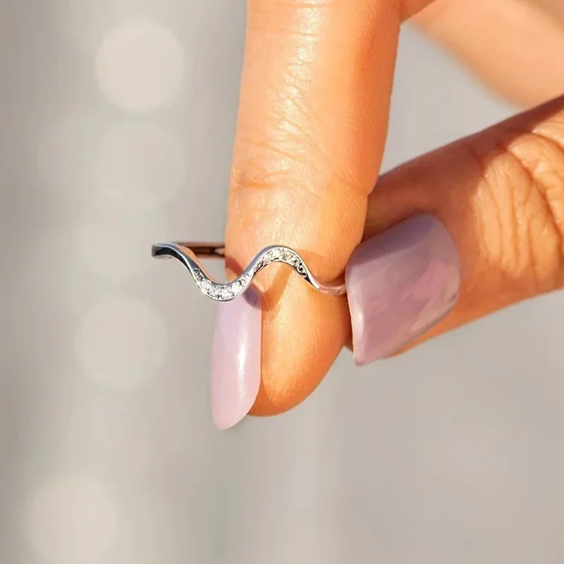 925 Silver New Wave Shape Rings for Women Simple Stylish Trendy Accessories Three Color Shiny CZ Party Jewelry