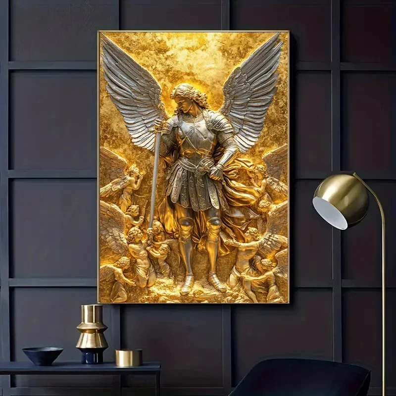 Estatua de Ángel dorado del Arcángel Michael, arte de pared, carteles e impresiones en lienzo, imagen de pared, impresiones en lienzo para decoración del hogar y la sala de estar