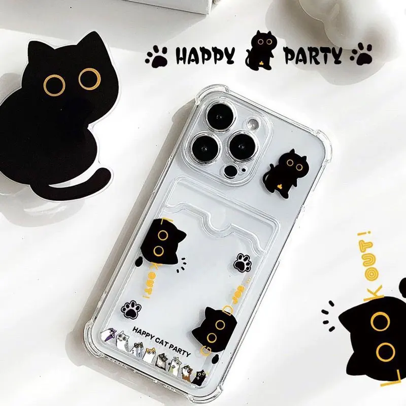 Cute Black Cat Pattern Card Pocket Phone Case For iPhone 16 15 14 13 12 11 Pro Max XR XS 7 8 Plus Shockproof Transparent Cover