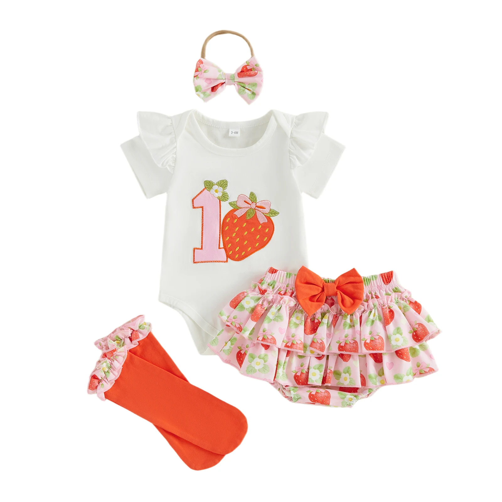 

Baby Girl First Birthday Outfit Strawberry Flower Long Sleeve Romper Ruffled Shorts Bow Headband and Stockings Set of 4