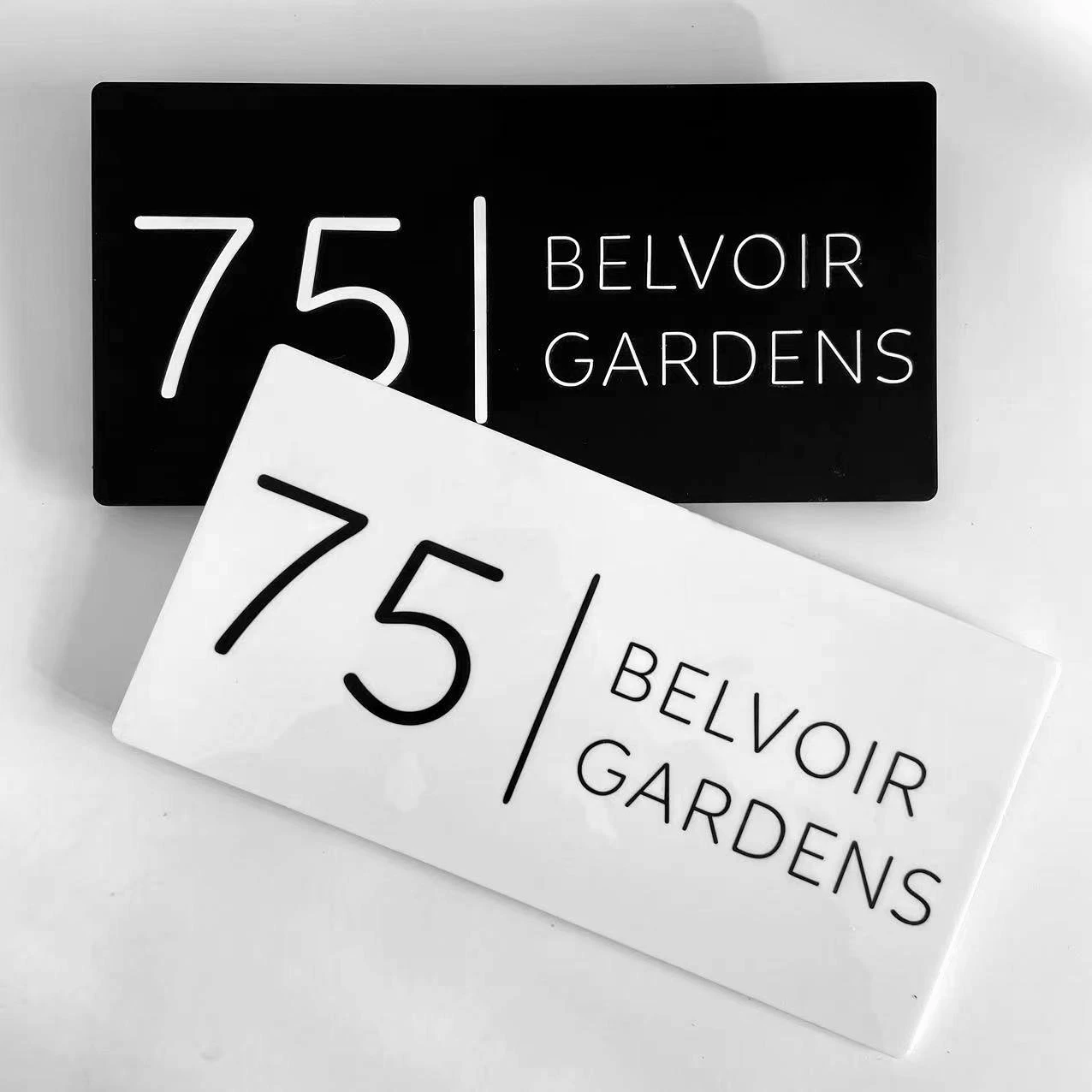 Acrylic house number outdoor custom plate signage black matte/white matte base plate scans and prints numeric letter information