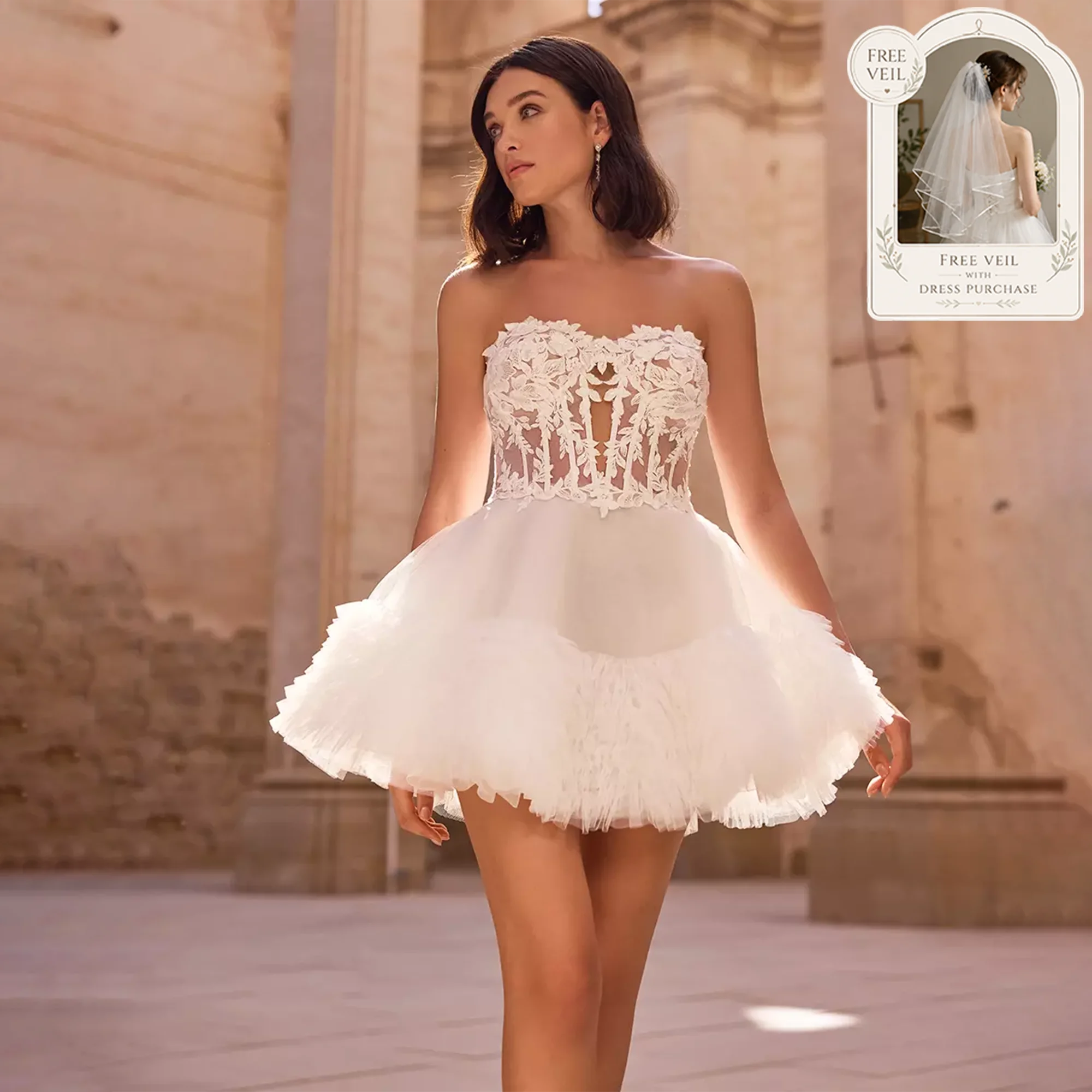 2 In 1 Detachable Ruffle Tulle Train Wedding Dress Strapless 3D Floral Lace Applique Corset Mini Short Bridal Gown Customized
