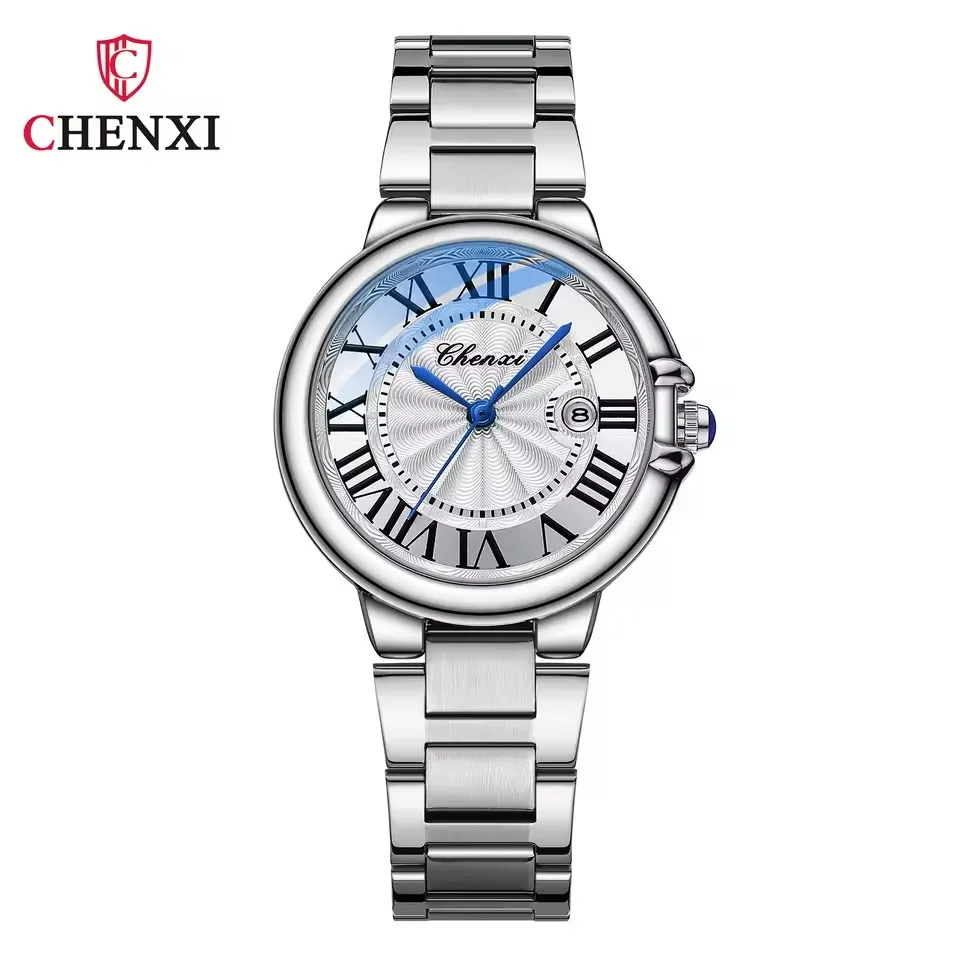 CHENXI 039 Reloj de cuarzo para parejas, relojes de pulsera de acero inoxidable plateados simples a la moda de lujo para mujeres y hombres