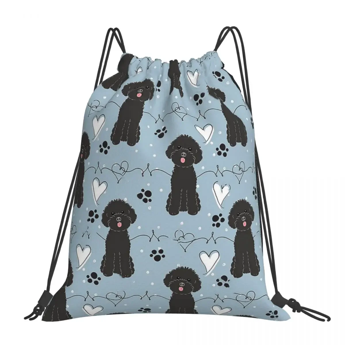 LOVE-Portable Black Toy Poodle Mochilas, Sacos De Cordão, Pacote De Bolso, Saco De Sapatos, Bookbag para Viagens, Estudantes