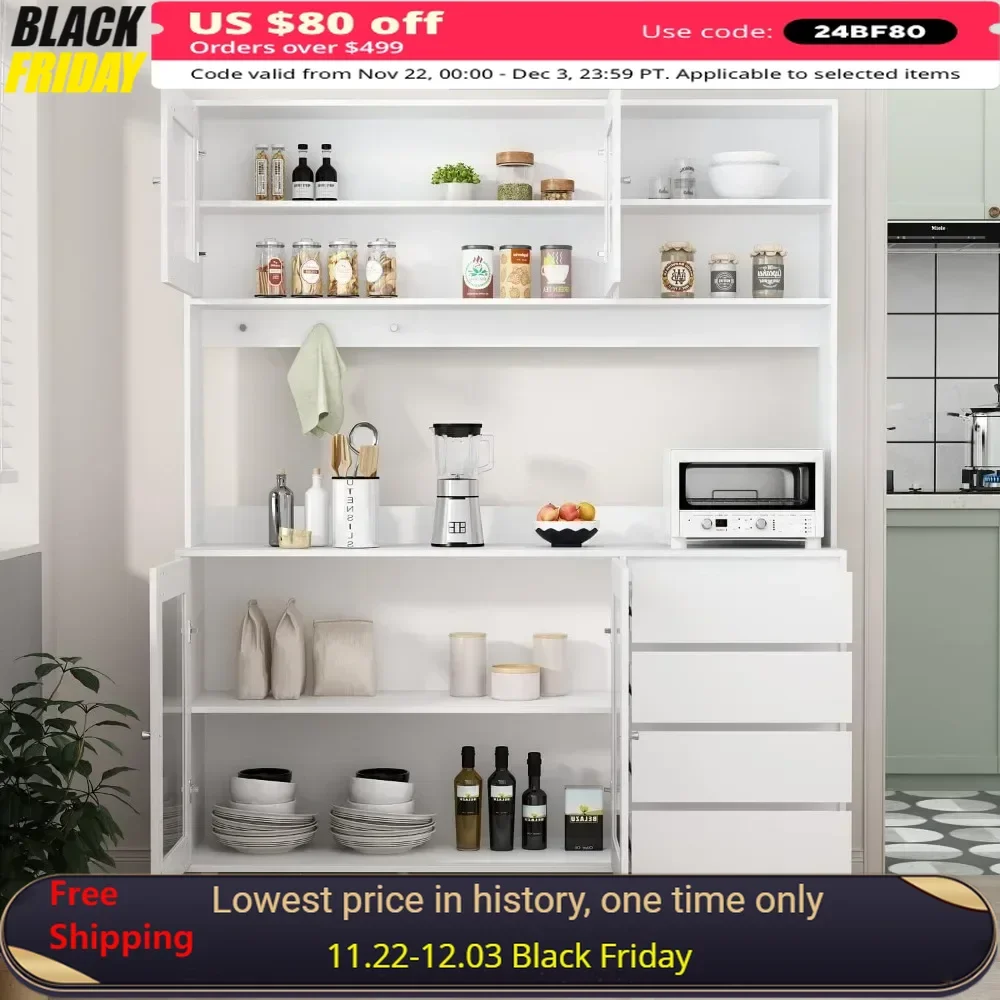 Kitchen Pantry Cabinet with 4 Glass Doors Pantry Furniture 4 Drawers Kitchen Cabinets Microwave Shelf