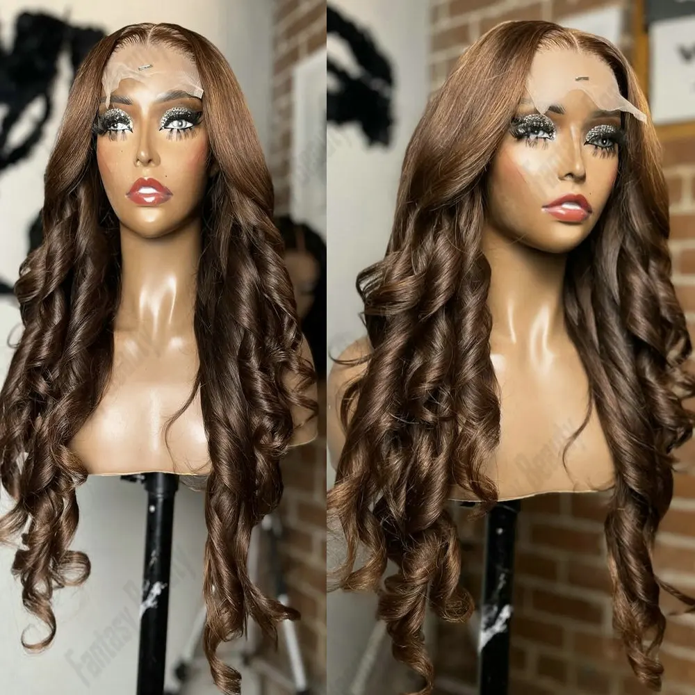 

Женский вьющийся парик Светло-коричневый объемная волна 100% человеческие волосы 13x6 Парики фронта шнурка Натуральная линия волос Бесклеевой 5x5HD Прозрачный парик шнурка