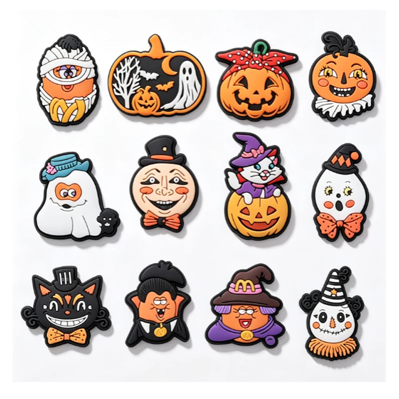 12PCS Halloween Shoe Charms Pumpkin Ghost Witch Vampire PVC Decorations For Croc Clogs Sandals DIY Accessories