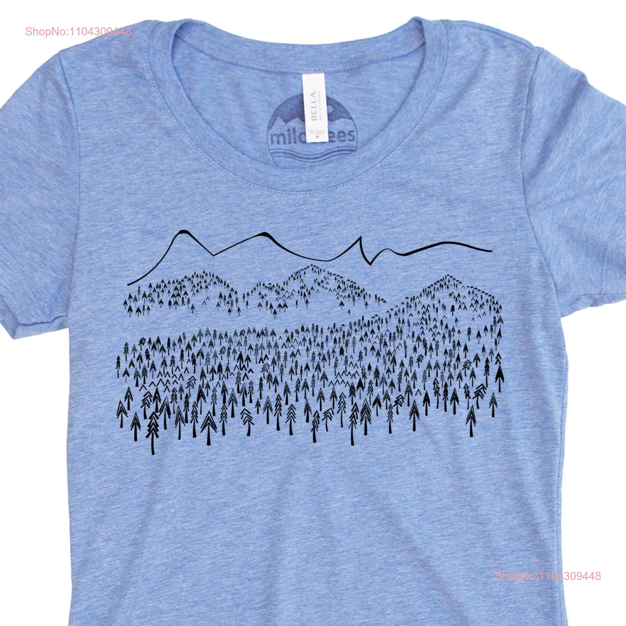 The Mountains are Calling so slip into our original tree's and mountain tee hit trail in a light blue hue for her