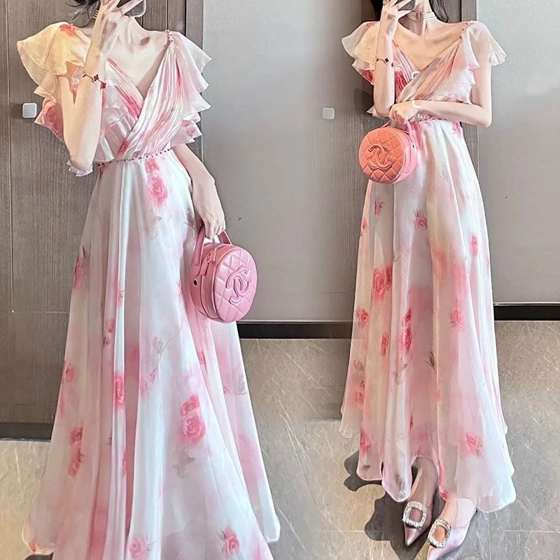 Dress Women's 2023 Summer New Celebrity Style Tea Break French Luxury Fragmented Flower Waist Show Slender Skirt Fashion Elegant