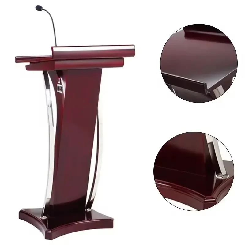Modern Metal Podium Stand with Integrated Microphone and LED Light for Church Pulpit Conference Hall Classroom Speech