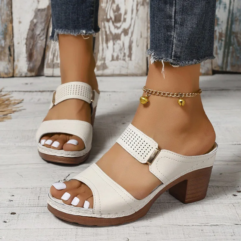 Lightweight Hollow Solid Color Large Size Women's Foot Slippers 2025 Summer Thick Heel High Heel Sandals Slippers Women Sandals