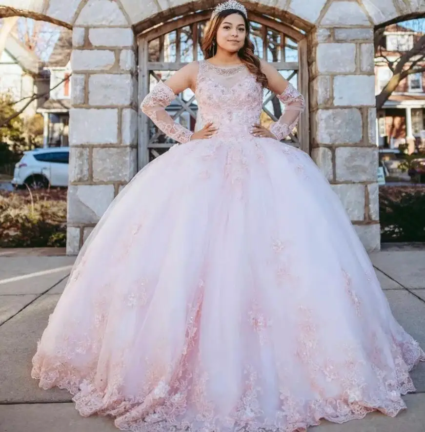 Gorgeous Pink Lace Quinceanera Dresses for Sweet 15 Year Girl Ball Gown Puffy Sexy Cut-out Corset Debut Gowns Detachable Sleeve