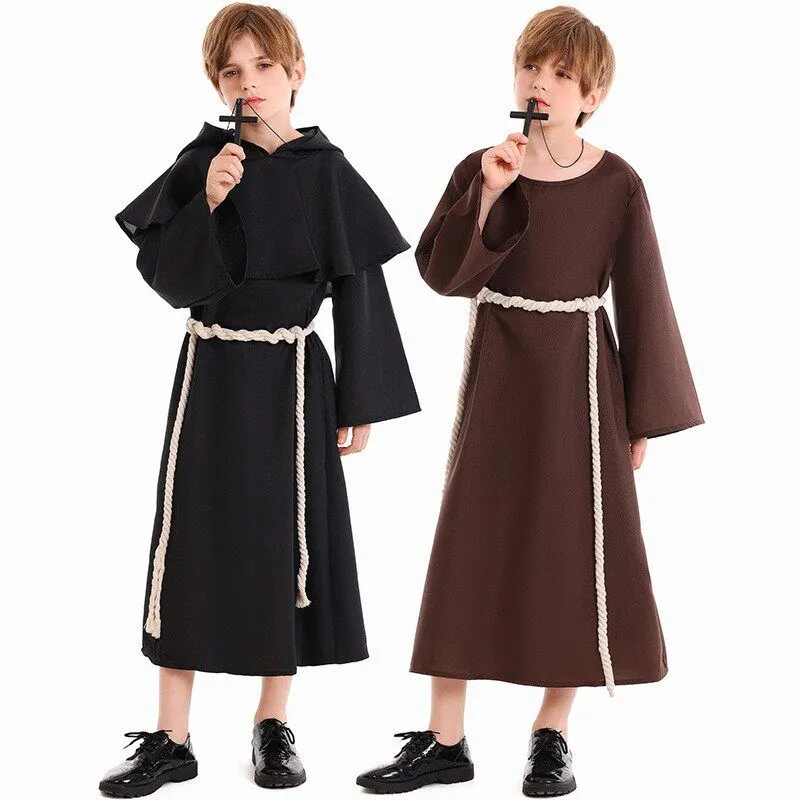 

Halloween Costume Set Medieval Monk Robe Wizard Priest Outfit Children Role Play Performance Clothes Traditional Stage Outfits
