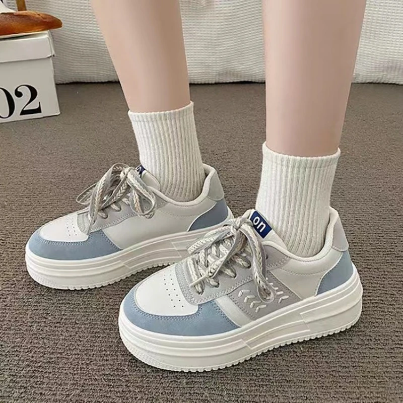 Platform Sneakers Women Fashion White Tennis Student Shoes Mixed Color Shoelaces Breathable Casual Vulcanized Shoes for Women