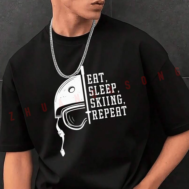 

Футболка с надписью «Eat Sleep Skiing Repeat», мужская брендовая футболка, мужские летние футболки, повседневные футболки высокого качества с круглым вырезом