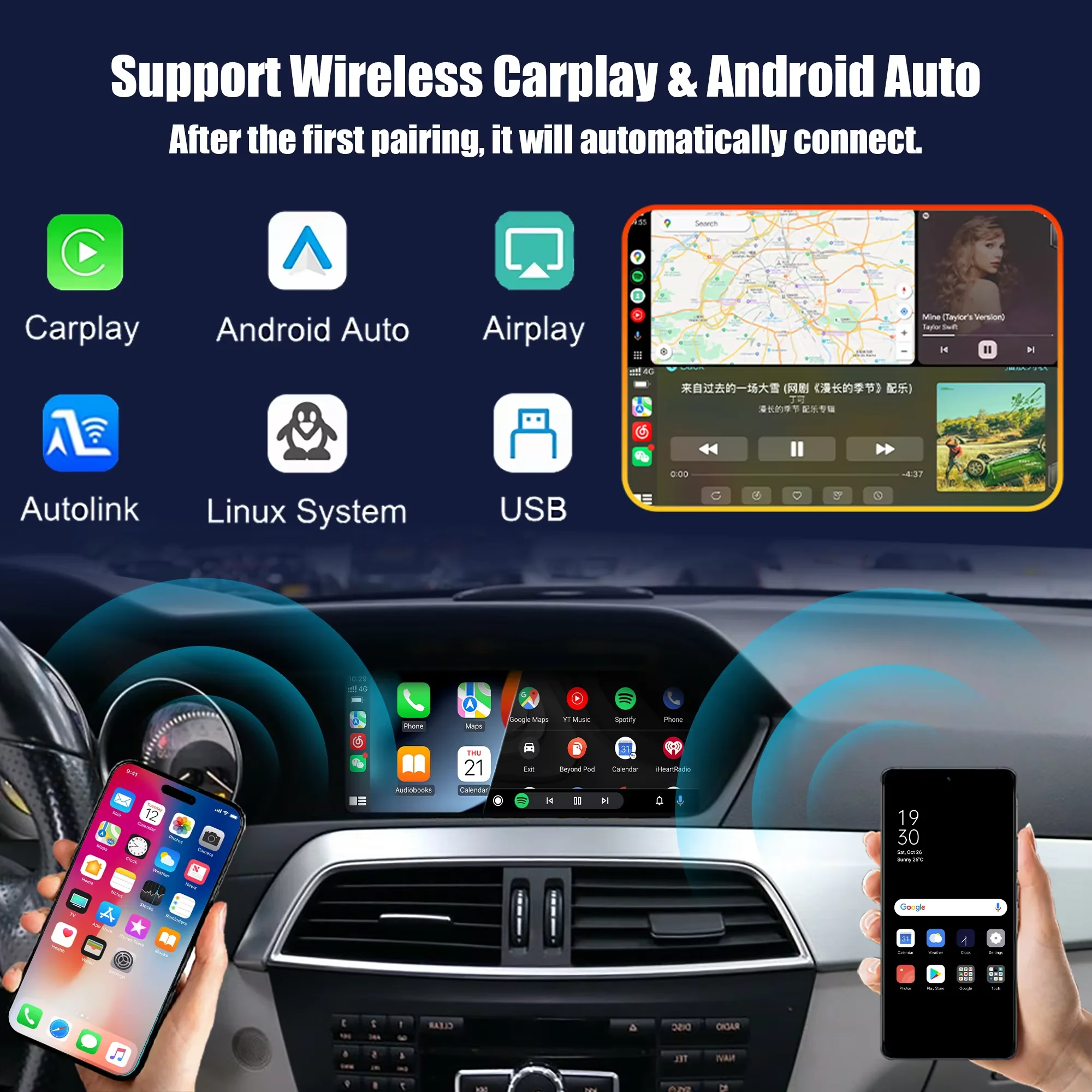 Module sans fil CarPlay Android Auto pour Mercedes Benz A B C E S GLA GLC GLS GLK SLK W117 W176 W207 W246 W212 W204 W218 NTG 4.0 NTG4.5 NTG5.0 BT GPS Décodeur de voiture