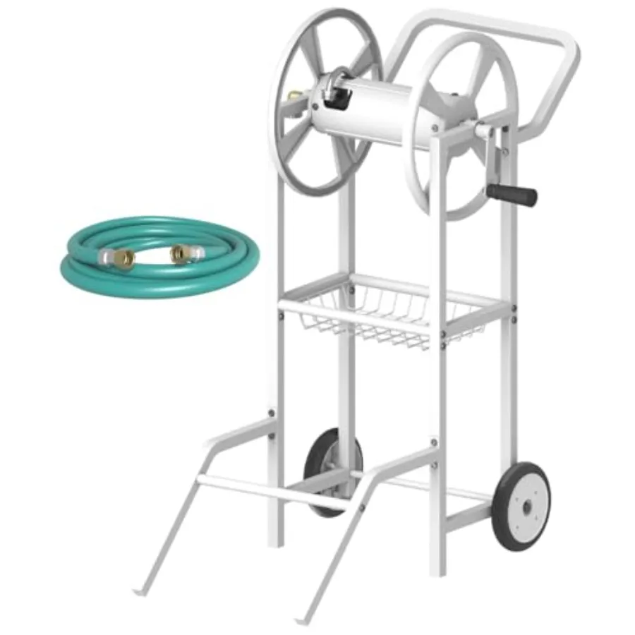 

Garden hose reel cart for outdoor use, powder coated steel, black, heavy duty with 2 wheels, basket, and 3.9ft leader hose, hol