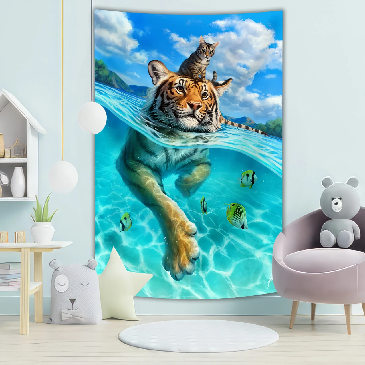 Underwater Tiger Decoration Oil Painting Fierce Tiger Tapestry Home Bedroom Polyester Material