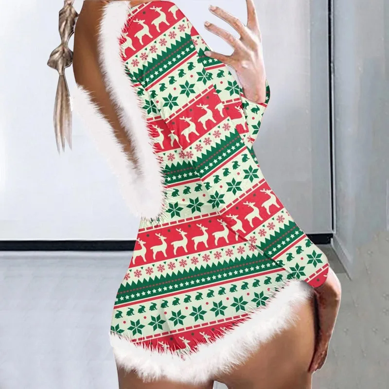 Christmas Print Fur One Piece Romper Women 2023 Winter Fashion Backless Long Sleeve V-neck Button Sleepwear Party Playsuit