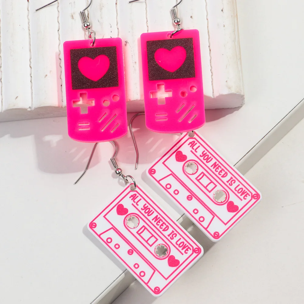 FishSheep Valentine's Day Acrylic Pink Game Console Drop Earring for Women Girls Funny Mobile Phone Heart Dangle Earrings Gifts