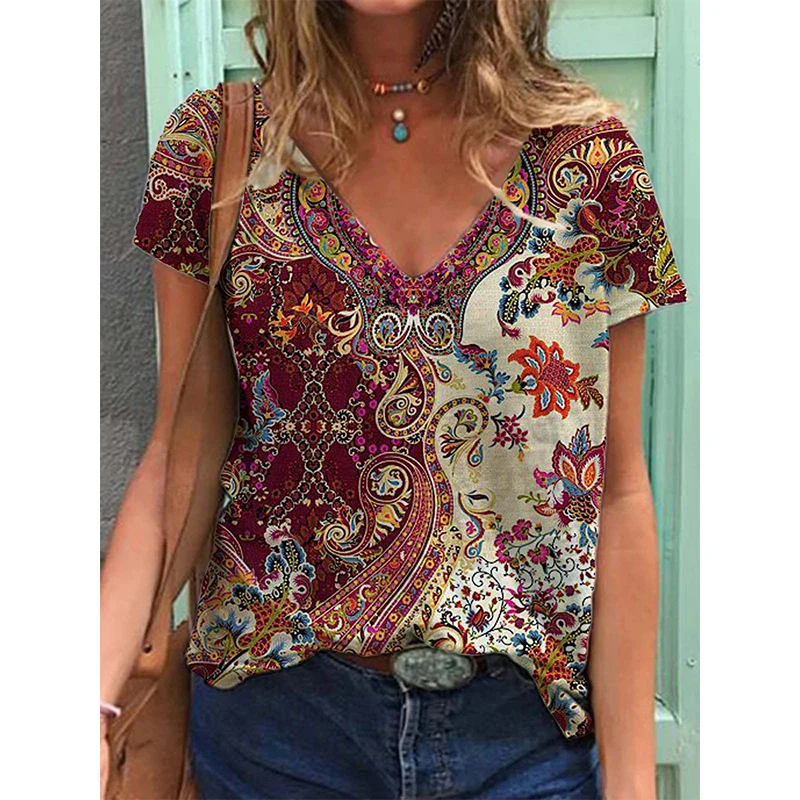 Ethnic Style Floral 3D Print T-Shirts Women V-Neck Short Sleeve T Shirt Streetwear Y2k Top Harajuku Oversized Tee Woman Clothing