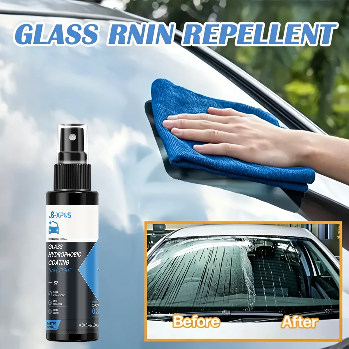 Auto Windshield Hydrophobic Coating Spray, Water‑Repellent Clear Vision Glass Protector YT0103