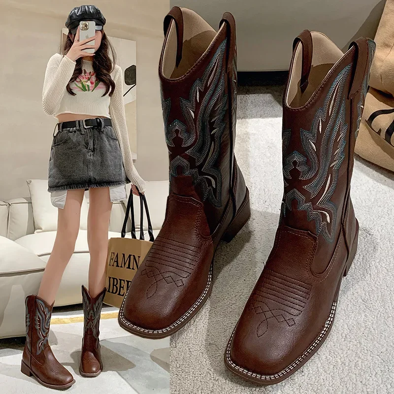 2023 Autumn/Winter New Style Western Denim Boots Versatile Adult Women's Boots Embroidery Sock Top Knight Motorcycle Boots Mid-C