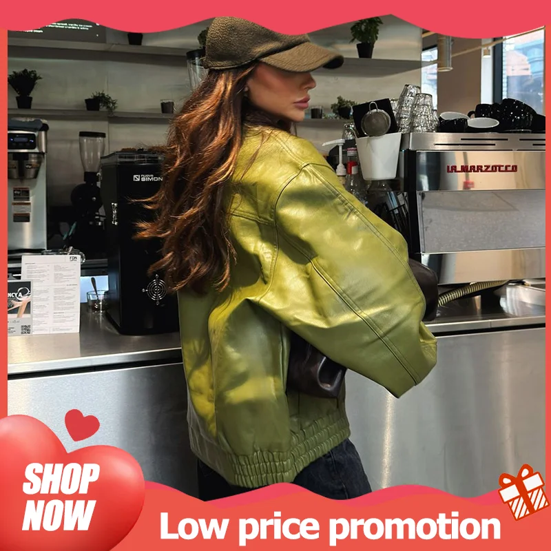 Solid Color Chic Green Full Sleeve Lapel Woman Short Jacket Fashion Loose Zipper Women's Leather 2024 New High Street Outerwear