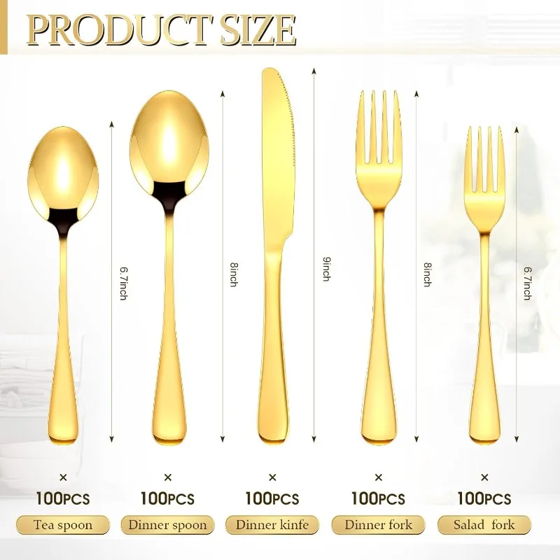 300 Pcs Gold Stainless Steel Flatware Set Service for 60 Guest Gold Silverware Cutlery Utensil Set with Fork Knife Spoon image 2