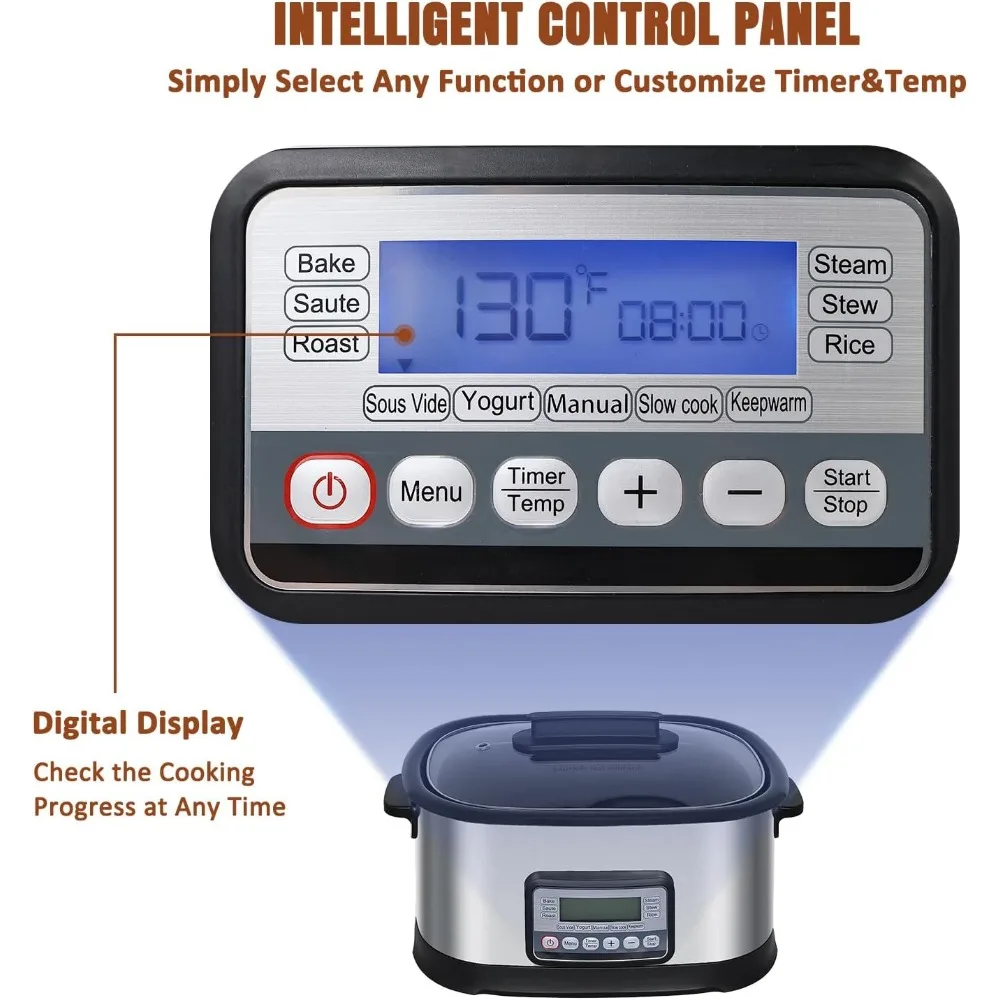 Multi fogão programável, 11 em 1, 6,5 quart, elétrico, fogão lento, 1500W, antiaderente, panela interna com temporizador