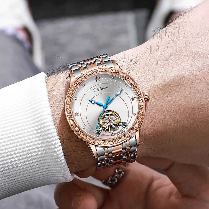 Dulunwe New Arrival Star Galaxy Men Automatic Watch, Hollow Tourbillon Vintage Carved Bezel Business Male Wristwatch