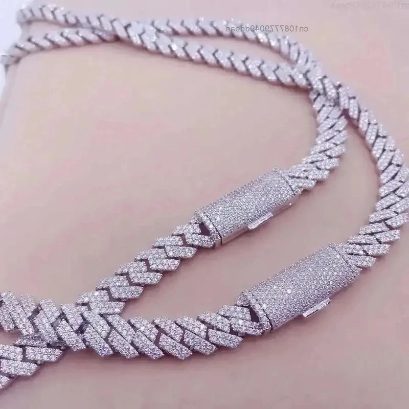 Cool Hip Hop 10mm Iced Out Sterling Silver Men Chains Necklace Diamond Vvs1 Two Rows Moissanite Cuban Link Chain