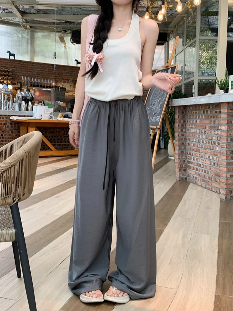 Gray Ice Silk Casual Pants For Women 2024 Summer High Waisted Loose Straight Wide Leg Pants