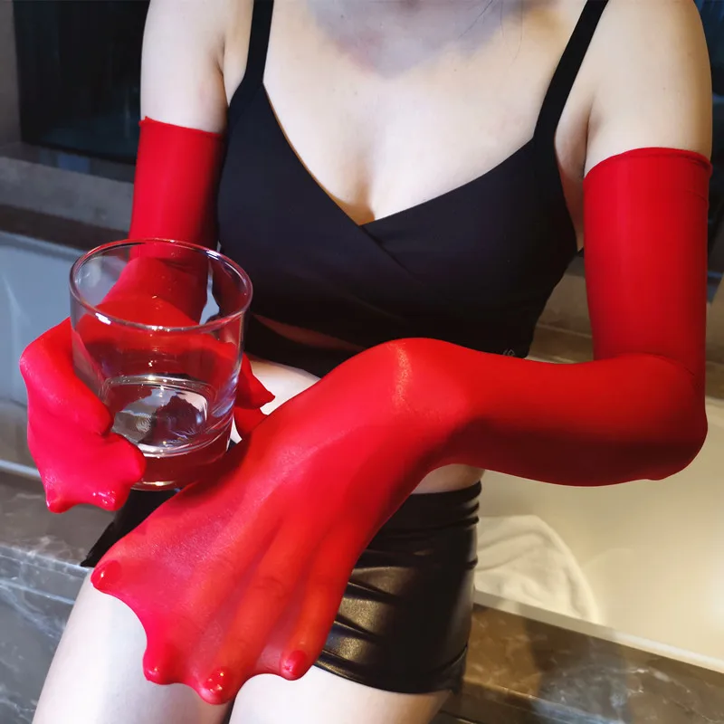 

Sexy Thin Transparent Oil Shiny Long Seamless Elasticity Solid Women Man Stocking Gloves Nightclub Pole Dancing Mittens