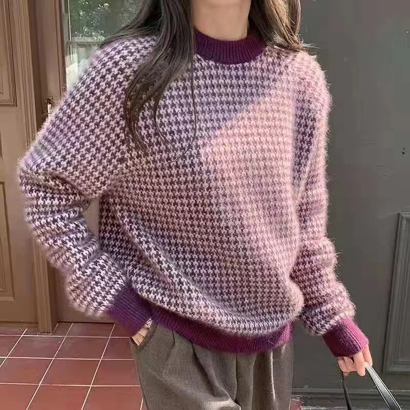 

Autumn Winter Korean Style Houndstooth Loose Casual Sweater Ladies O Neck All-match Knitting Jumper Female Elegant Pullover Top