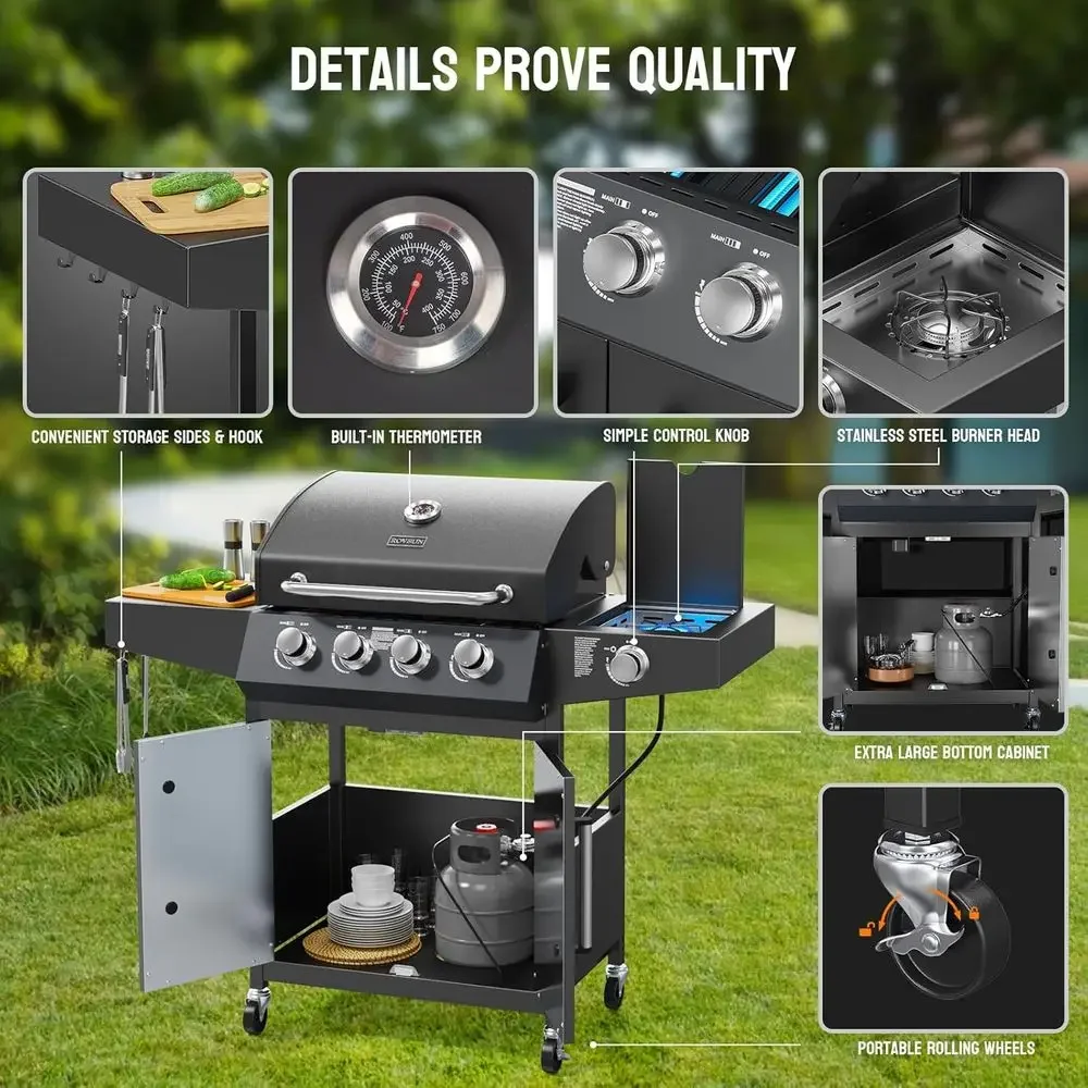 4-Burner Propane Gas Grill with Side Burner, 58,000 BTU, Enamel Cast Iron Grates, Outdoor Patio BBQ Cooking